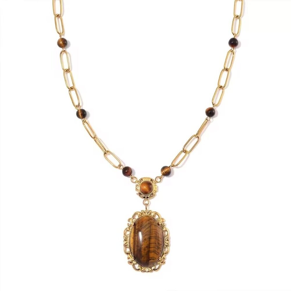 Women's Yellow Tigers Eye Necklace in ION Plated YG Stainless Steel